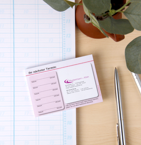 Terminzettel mit Text und Logo