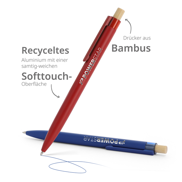 Kugelschreiber Softtouch Aluminium mit Bambusdrücker